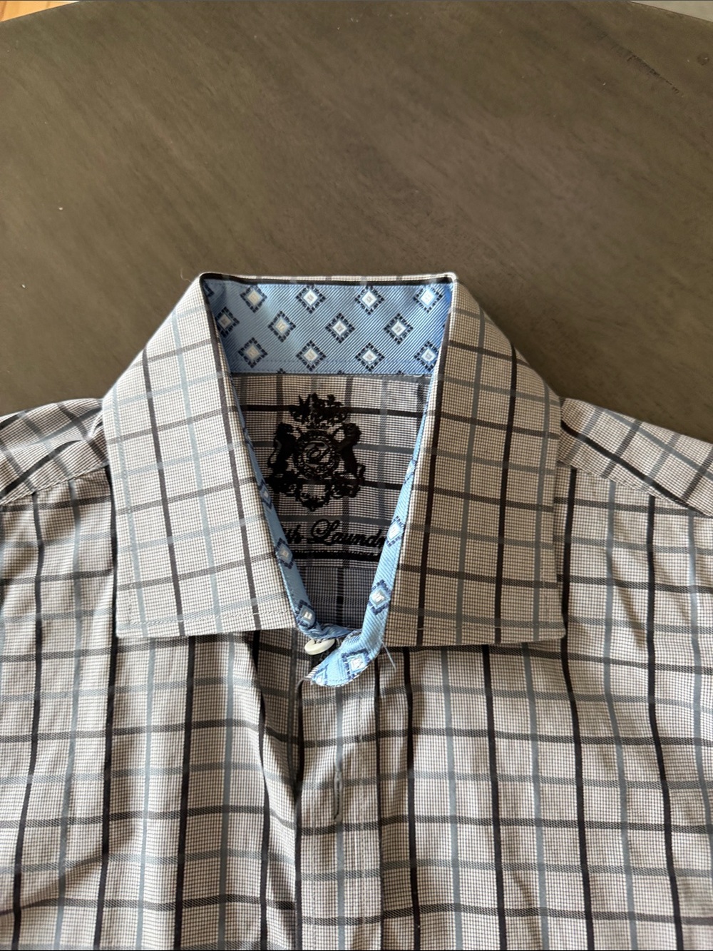 English Laundry Light Blue and Black Check Dress Shirt with Embroidered Crest